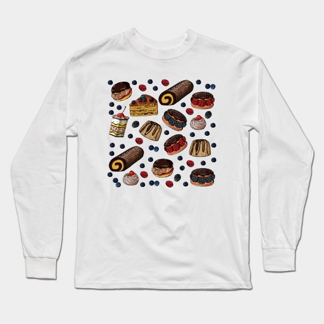 Seamless Pattern Sweet Cakes Long Sleeve T-Shirt by Mako Design 